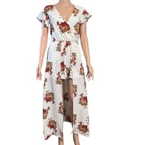 2Sable Floral Maxi Romper Dress Womens Small Open Front Flutter Sleeve Cream Red
